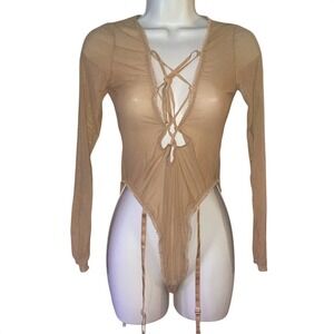 NWT Frederick's Lola Lee "Late" Lace Front Teddy Bodysuit Tan Sz‎ M $58